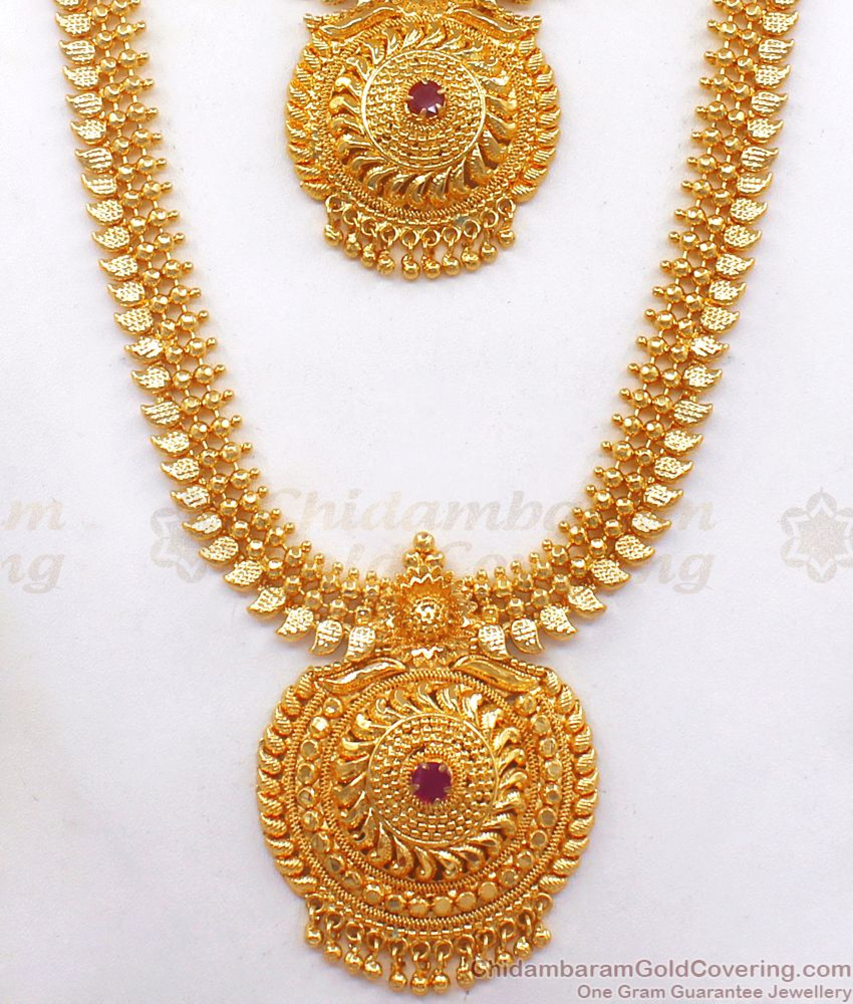 Gorgeous 24K Gold Haaram Kolkata Design Ruby Stone Necklace Combo HR2258