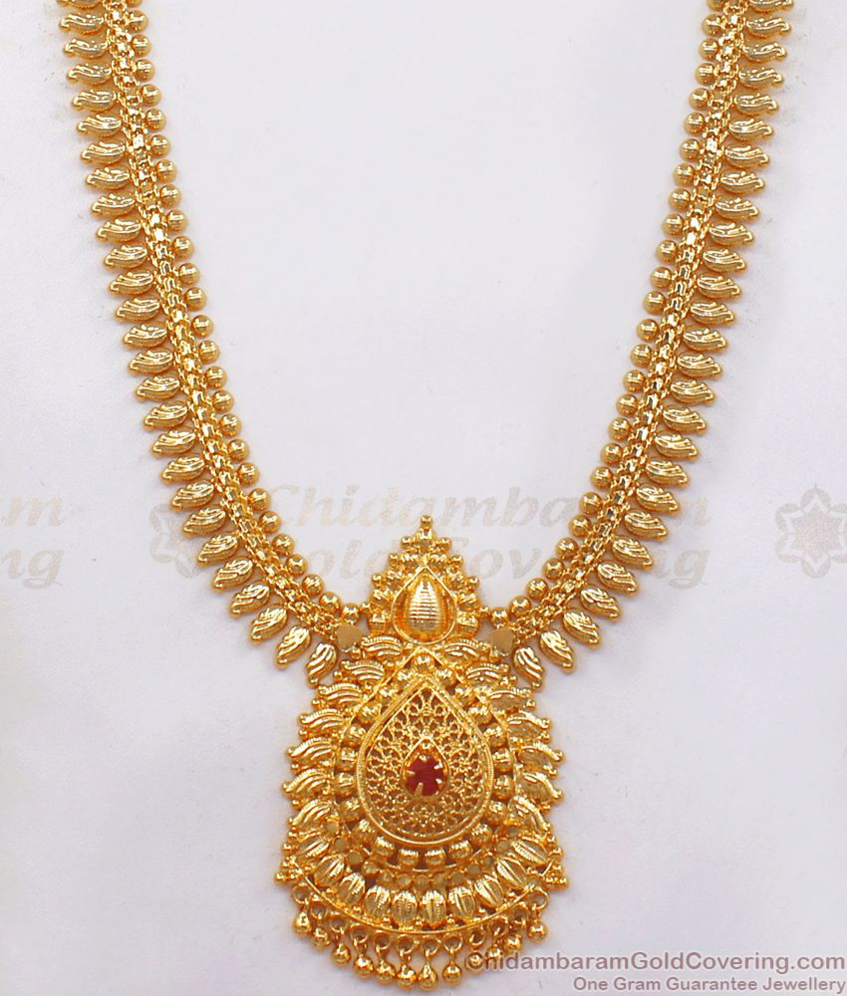 Kerala Gold Plated Haaram Floral Design Ruby Stone HR2266