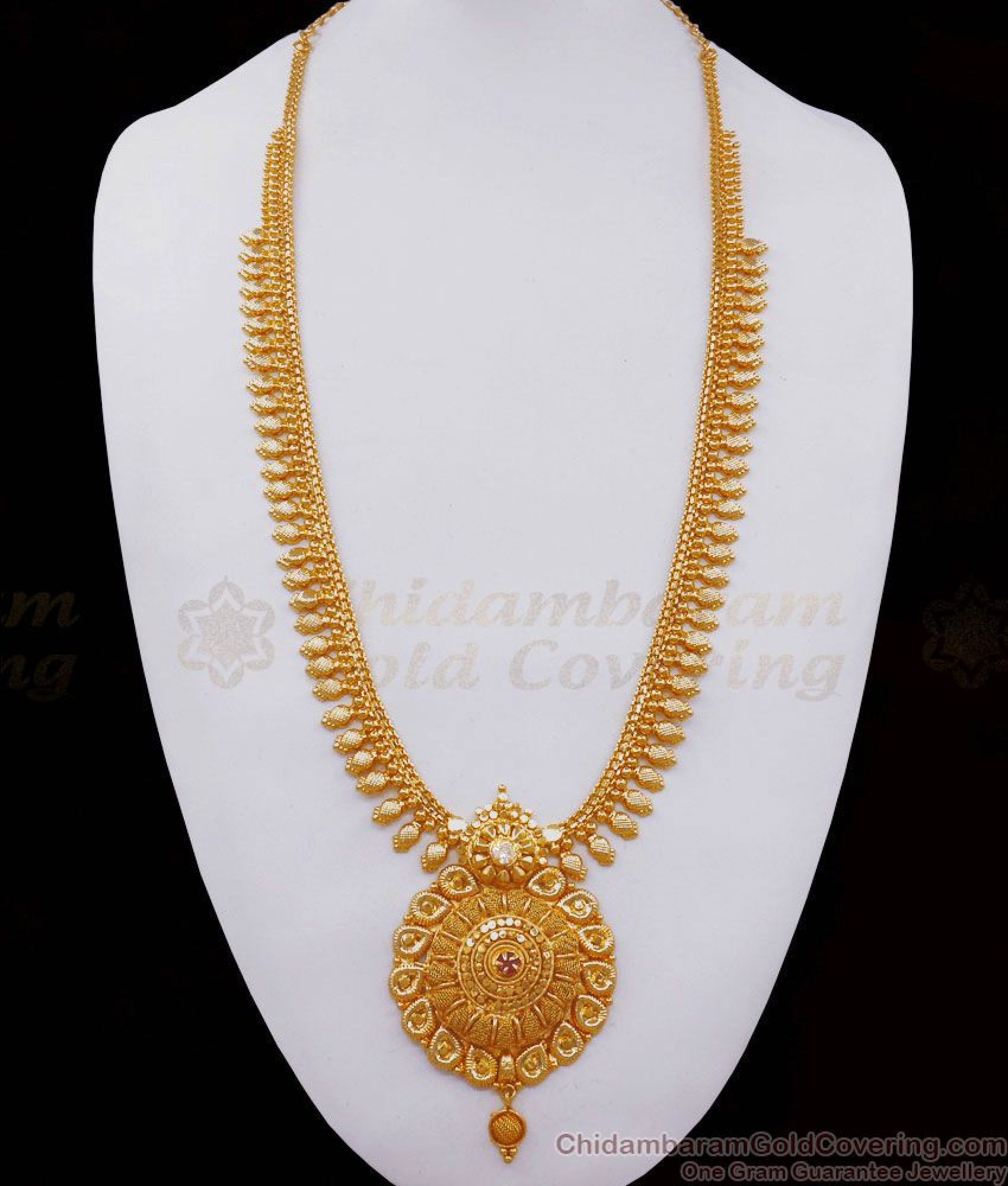 Kerala Type Gold Plated Haram Ruby White Stone Shop Online HR2382