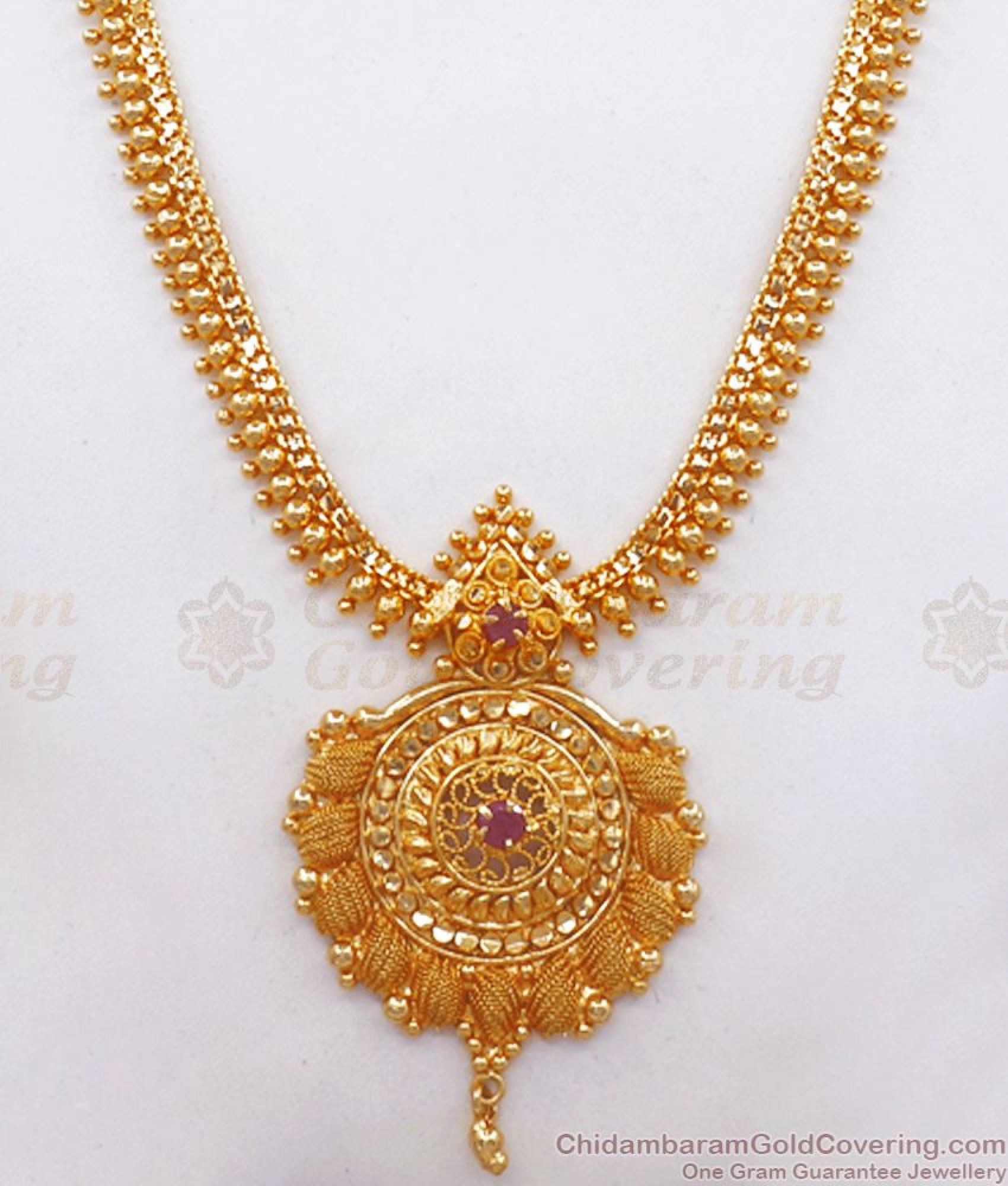 Unique 1 Gram Gold Haaram Design Ruby Stone Gold Beaded Pattern HR2439