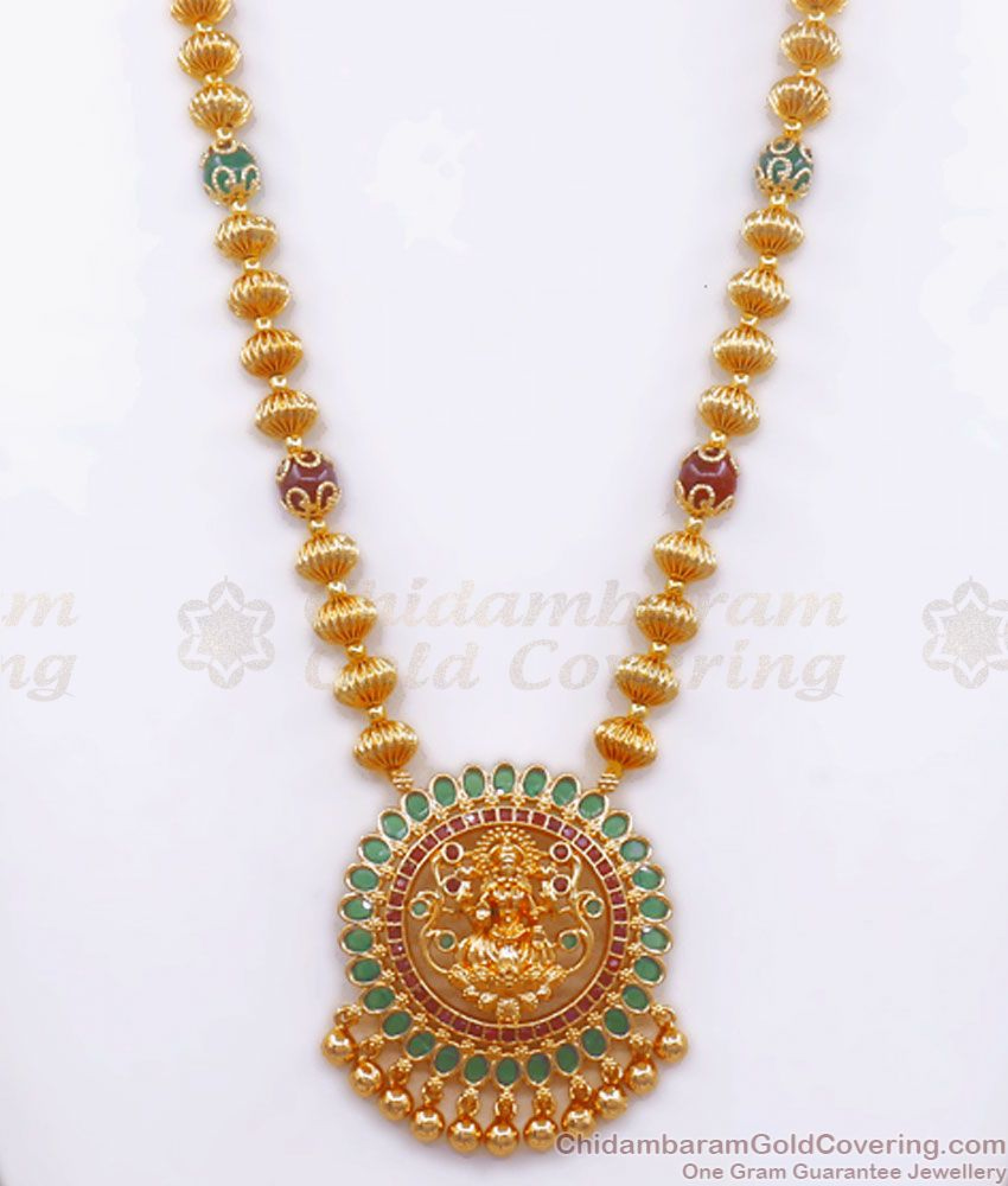 Hyderabad Jewelry One Gram Long Haram Design With Red Green Beads Hr2564