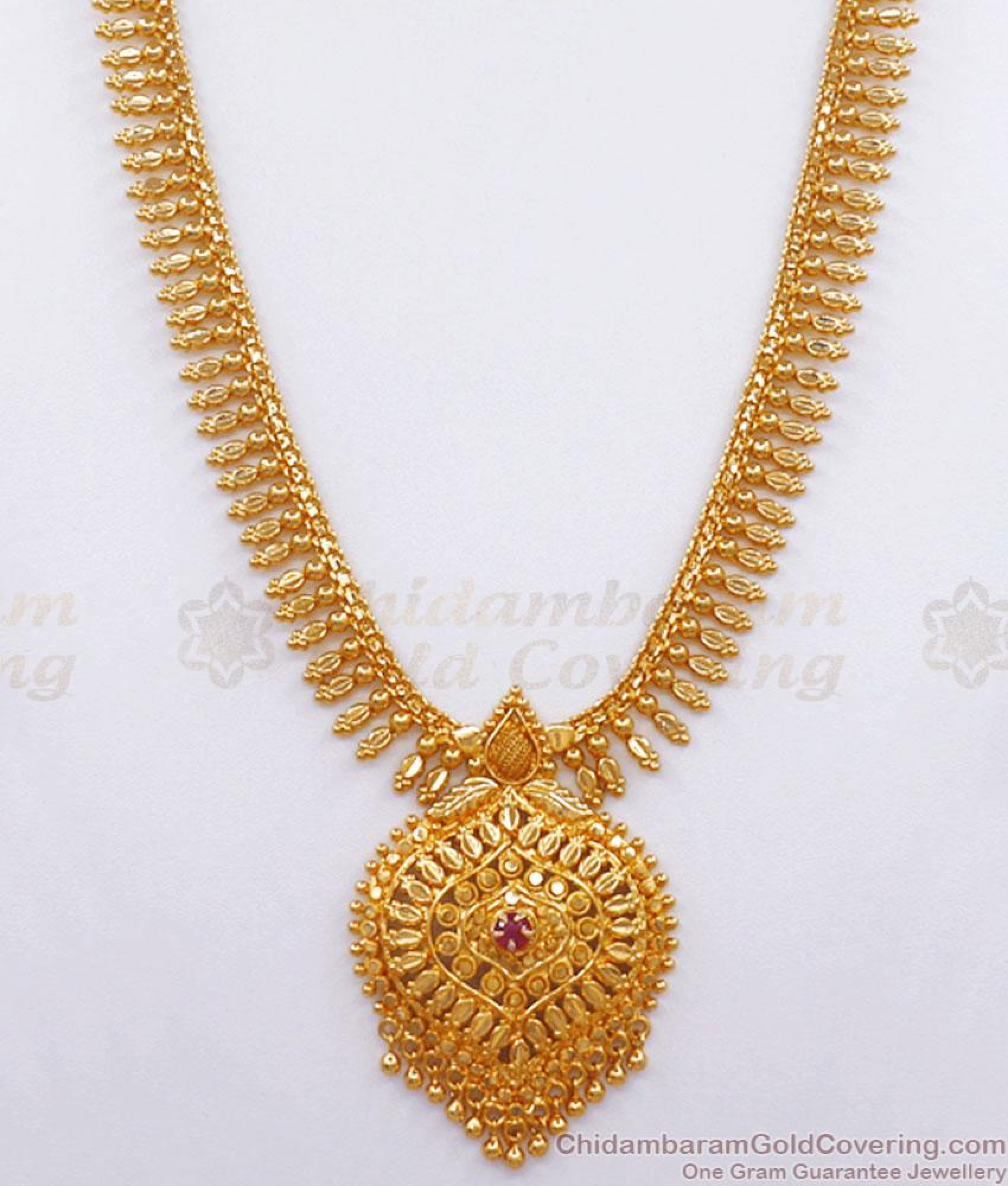 Traditional Kerala Gold Plated Haram Ruby Stone Mullaipoo Collections ...