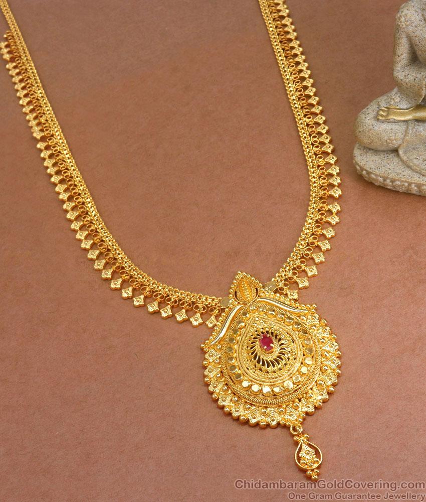 Latest Mullaipoo Gold Imitation Jewelry Ruby Stone Long Haram HR2950