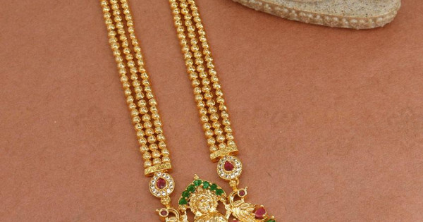 3 Line Beaded Chain Gold Plated Lakshmi Haram With Stone HR3029