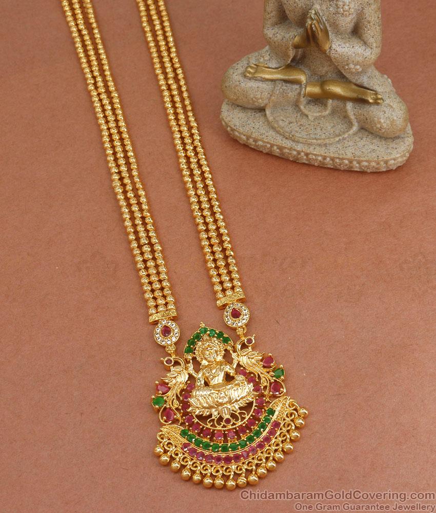 3 Line Beaded Chain Gold Plated Lakshmi Haram With Stone HR3029