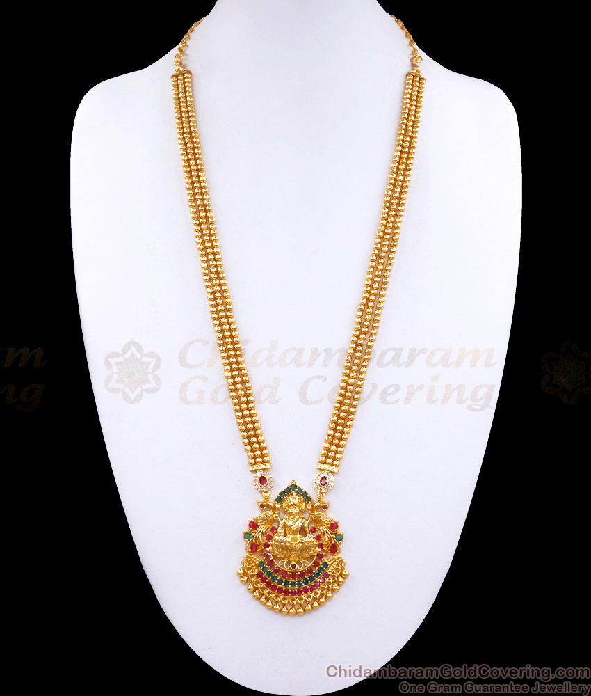 3 Line Beaded Chain Gold Plated Lakshmi Haram With Stone HR3029