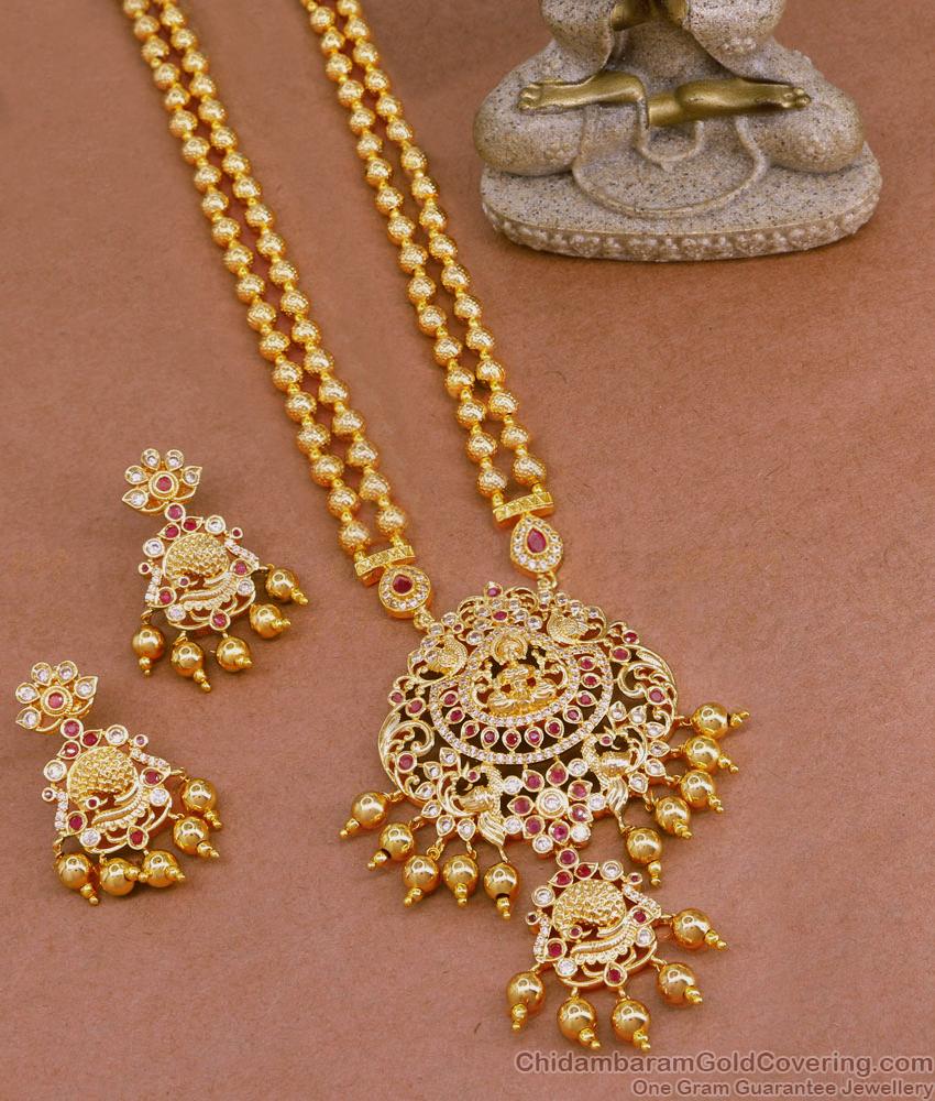 High Quality Gold Plated Lakshmi Haram With Earring For Bridal HR3096