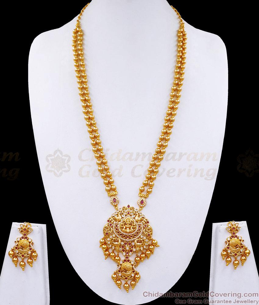 High Quality Gold Plated Lakshmi Haram With Earring For Bridal HR3096