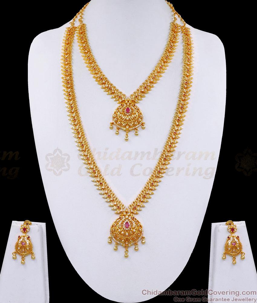 Latest Full Bridal Set Gold Haram Necklace Ruby White Stone Design HR3100