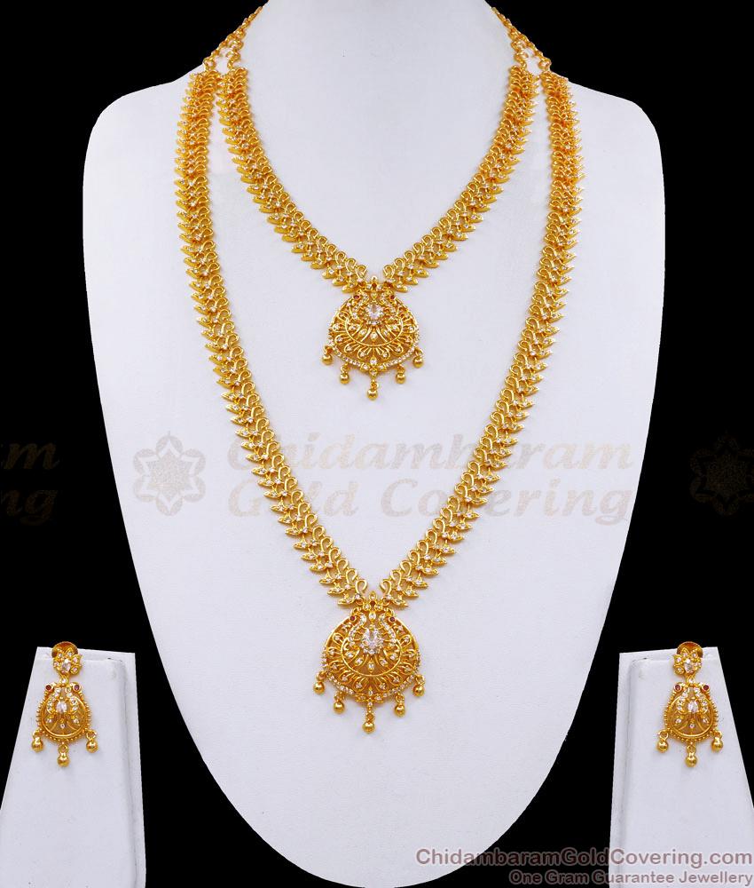 Artificial Diamond Long  Necklace Combo Set Peacock Design Gold Wedding Jewellery HR3101