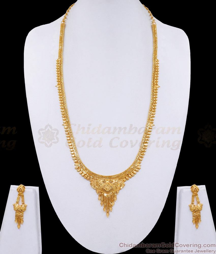 Latest Calcutta Pattern Two Gram Gold Long Haram With Match Earrings HR3104