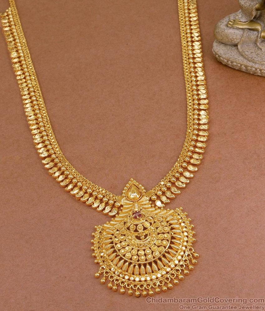 Pure Gold Tone Long Mango Haram Chandaballi Design With Ruby Stone HR3157