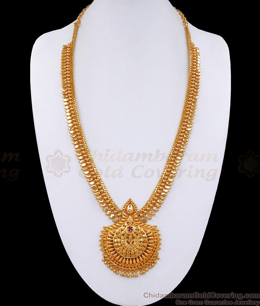 Pure Gold Tone Long Mango Haram Chandaballi Design With Ruby Stone HR3157