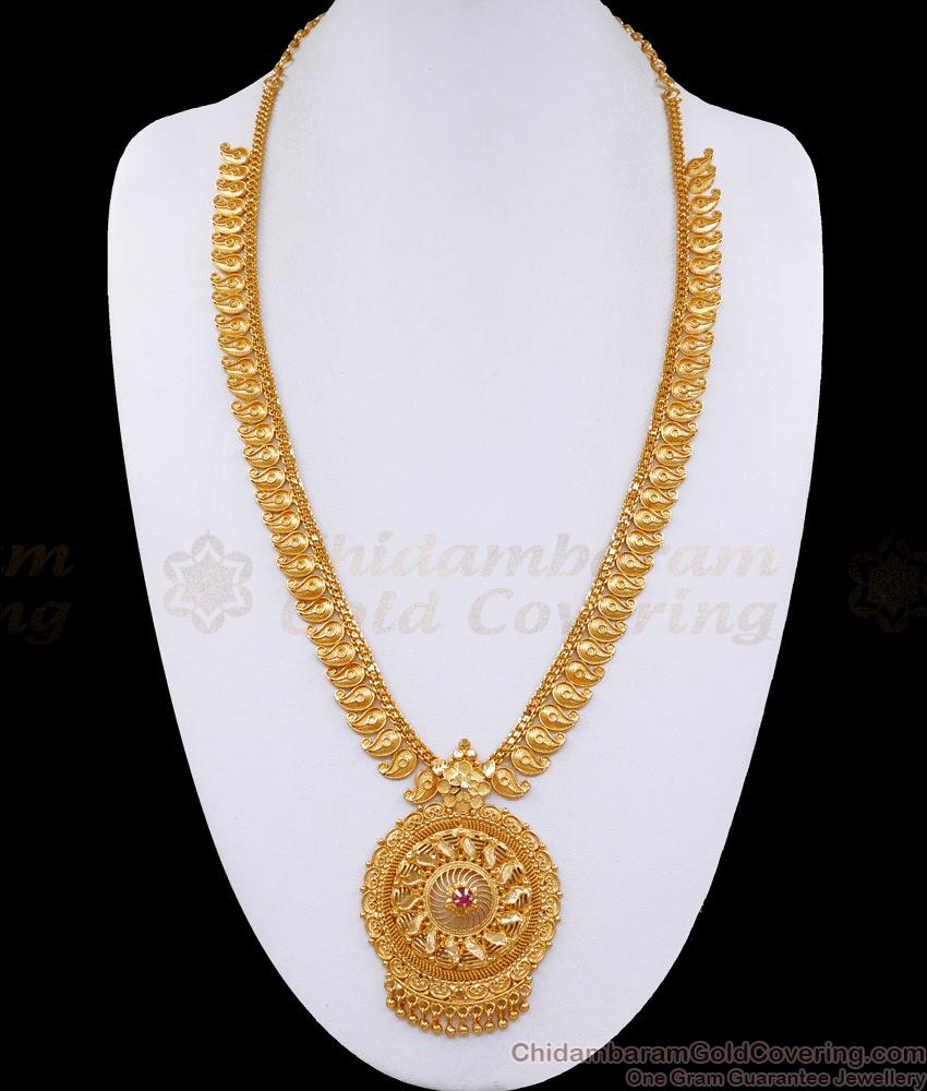 Stunning Long Gold Imitation Mango Haram With Ruby Stone For Marriage HR3164