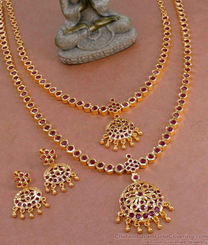 Latest Full Ruby Stone Impon Long Haram Necklace Set For Brides HR3206