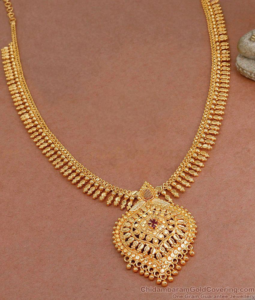 High Quality One Gram Gold Mullai Haram Necklace Ruby Stone Kerala Design HR3208