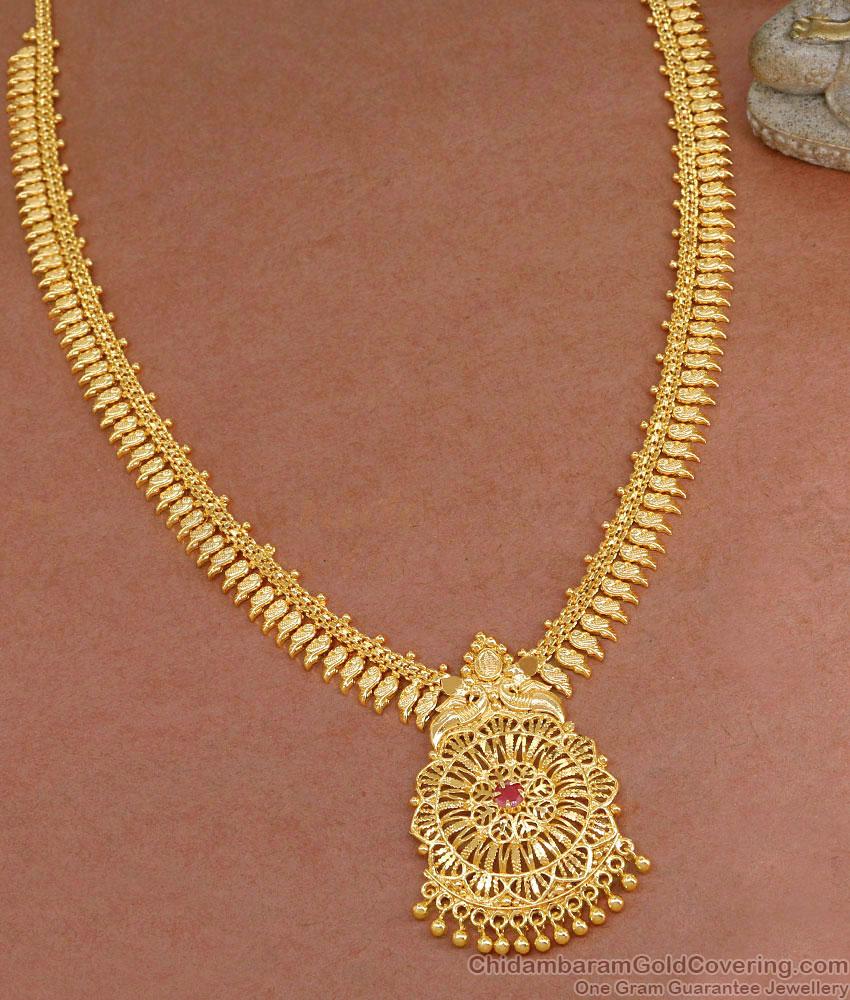 One Gram Gold Haram Mullaipoo Design With Ruby Stone HR3290