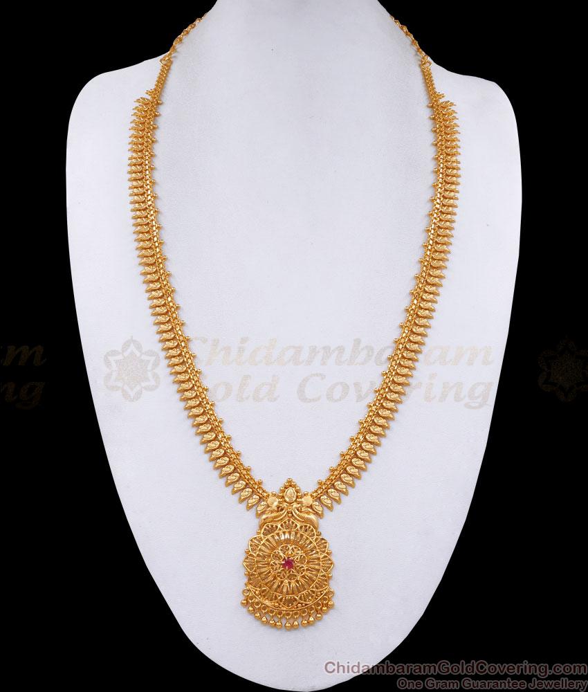 One Gram Gold Haram Mullaipoo Design With Ruby Stone HR3290