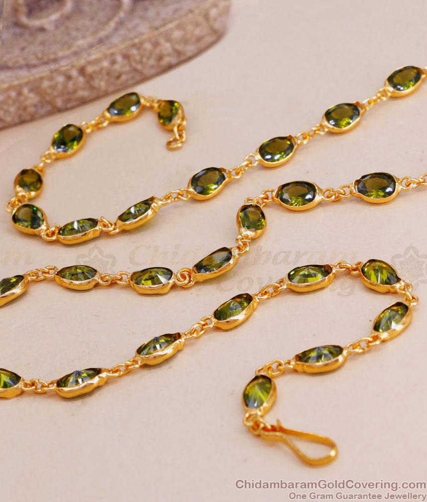 Glittering Olive Green Stone Chain Gold Finish Online CHNS1206