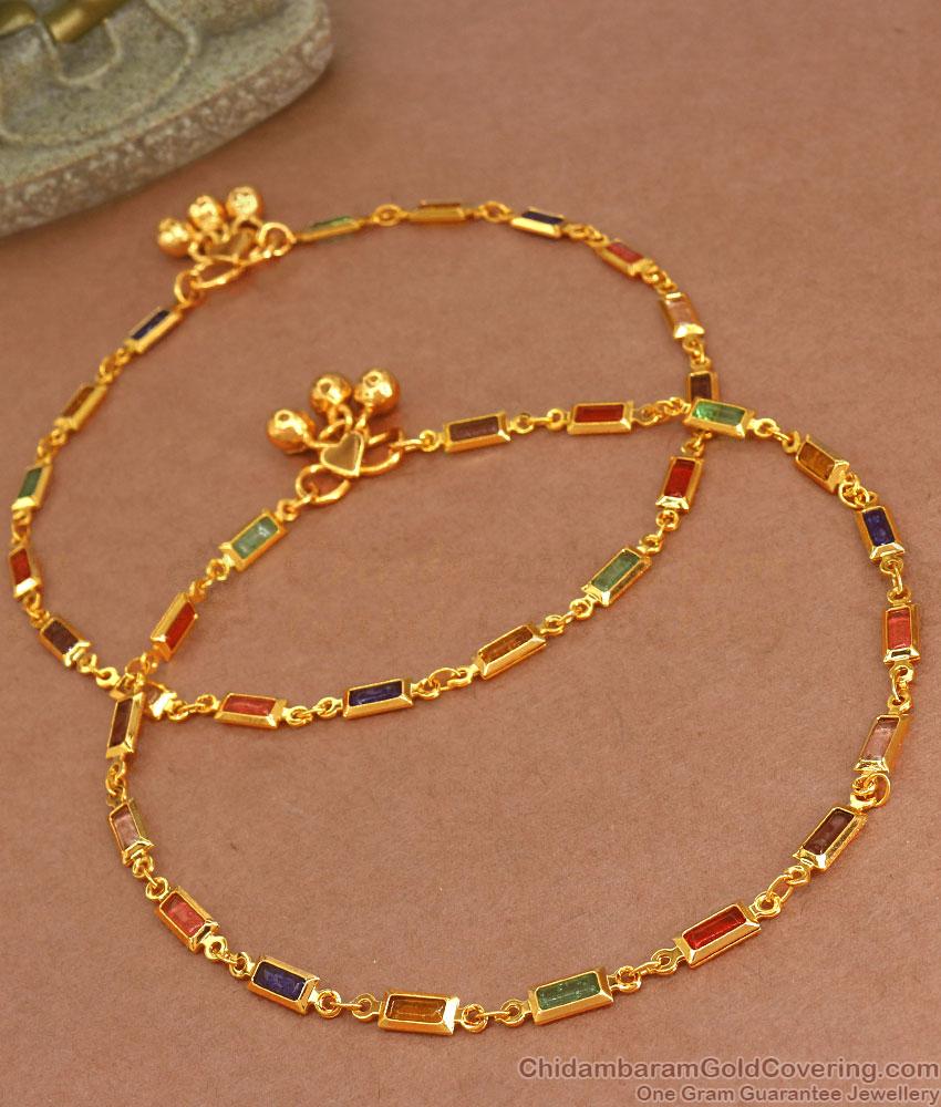 9.5 Inch Stylish Gold Anklets Multi Stone Designs ANKL1203