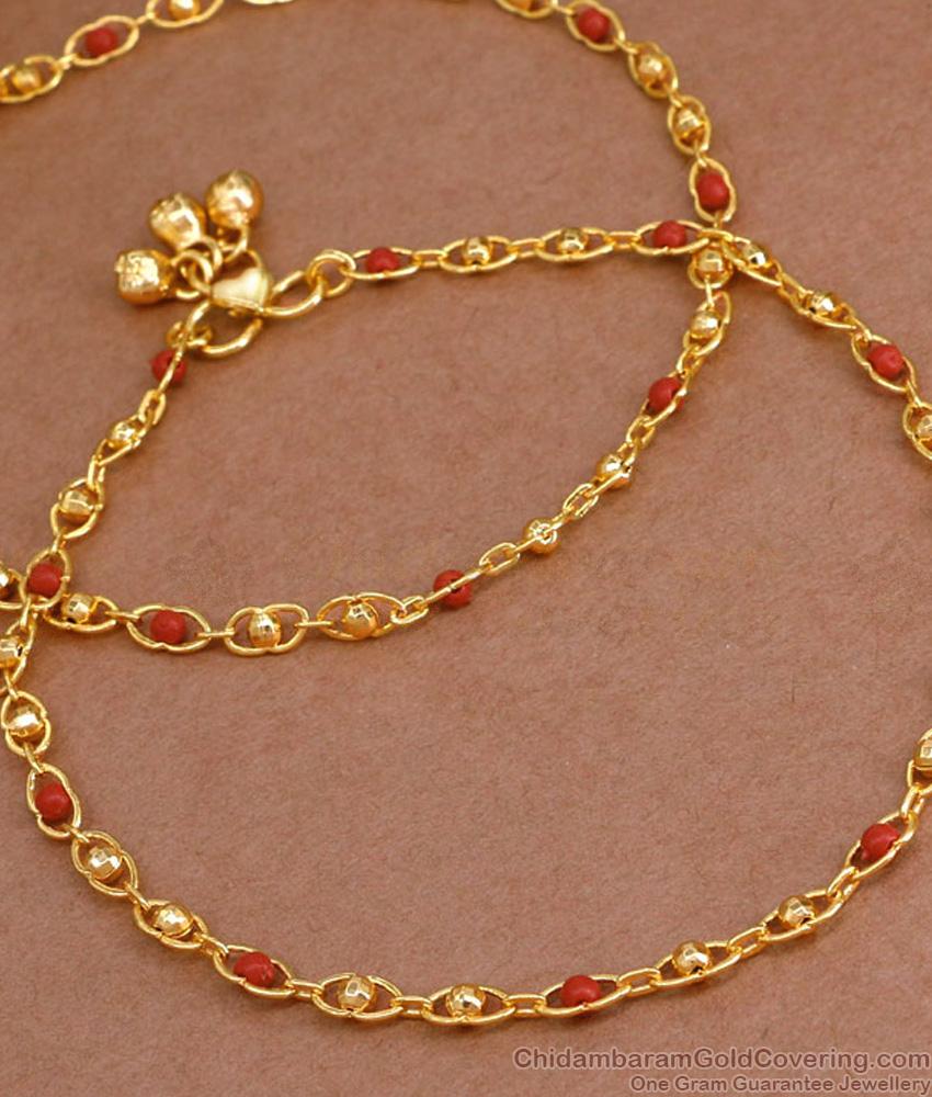 10 Inch Traditional Red Coral Beads Gold Plated Anklet ANKL1215