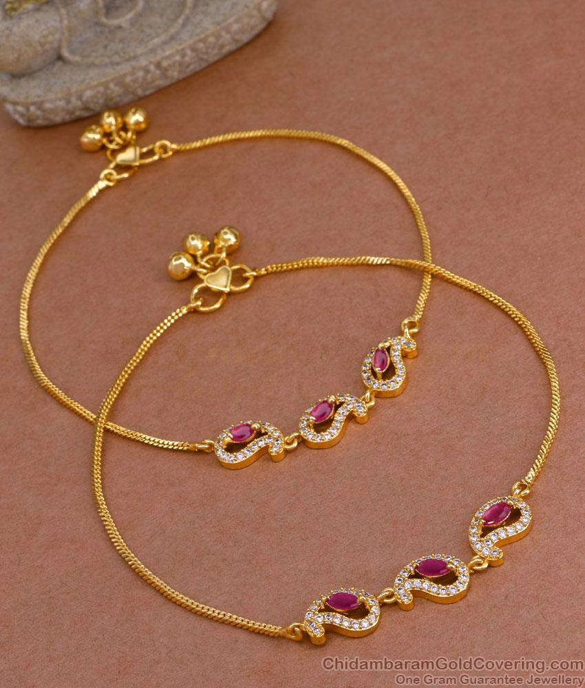 10.5 Inch Ruby White Stone Mango Charms Gold Anklets Womens Payal Design ANKL1226