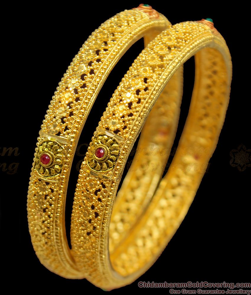 BR1143-2.8 Iconic Enamel Forming Gold Finish Traditional Design Bangles With Beads