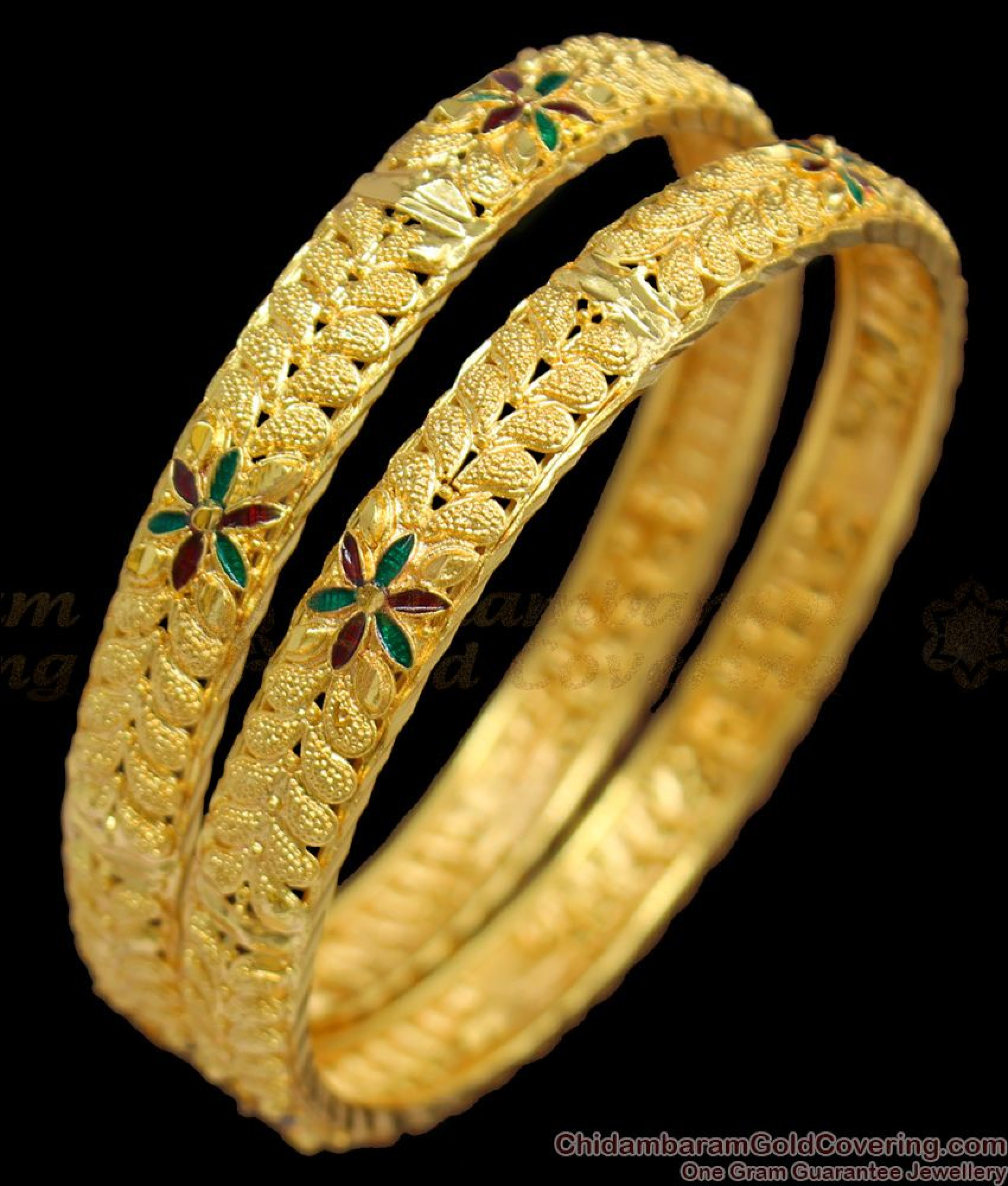 BR1196-2.4 Beautiful Flower Filled Multi Stone Gold Attractive Bangles ...