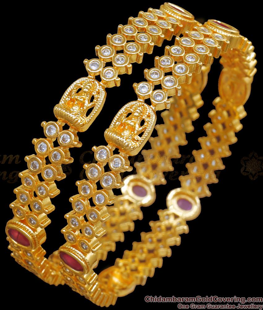 BR2341-2.8 Heavy Gold Bangles Lakshmi Design With White Stones