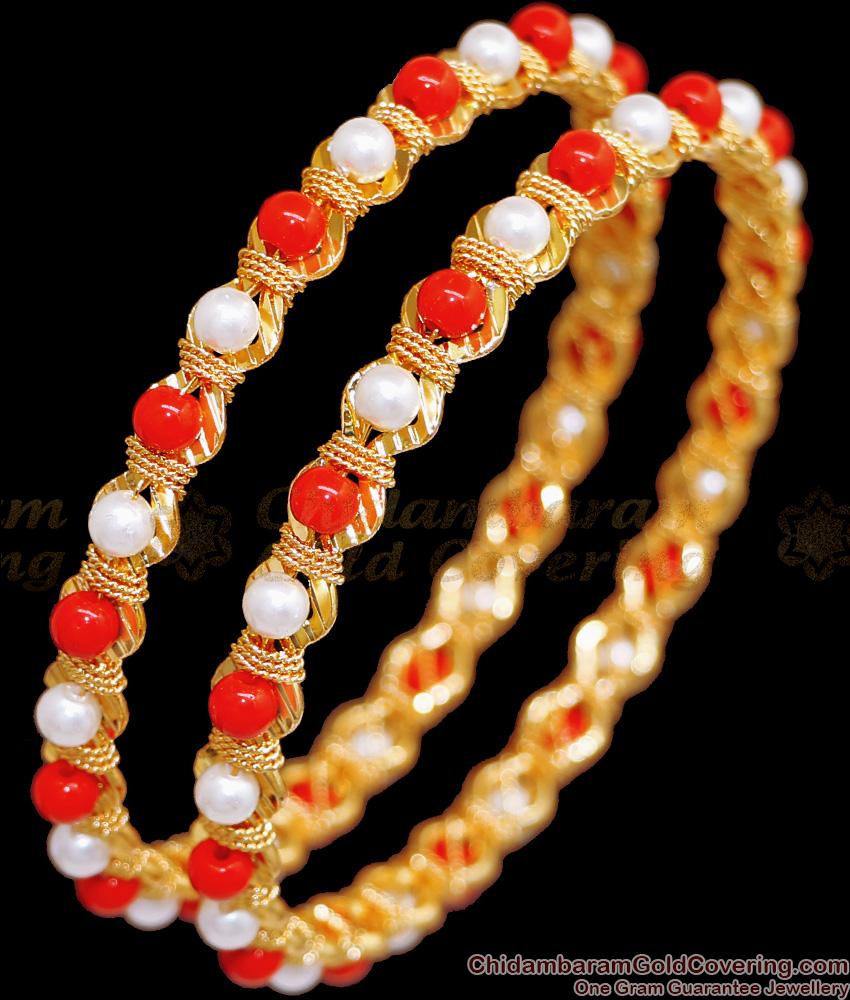 BR2374-2.6 Size Buy One Gram Gold Jewellery Coral Bangle With Pearls