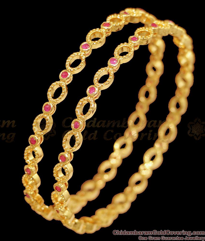 BR2385-2.4 Size Light Weight One Gram Gold Bangle With Ruby Stones