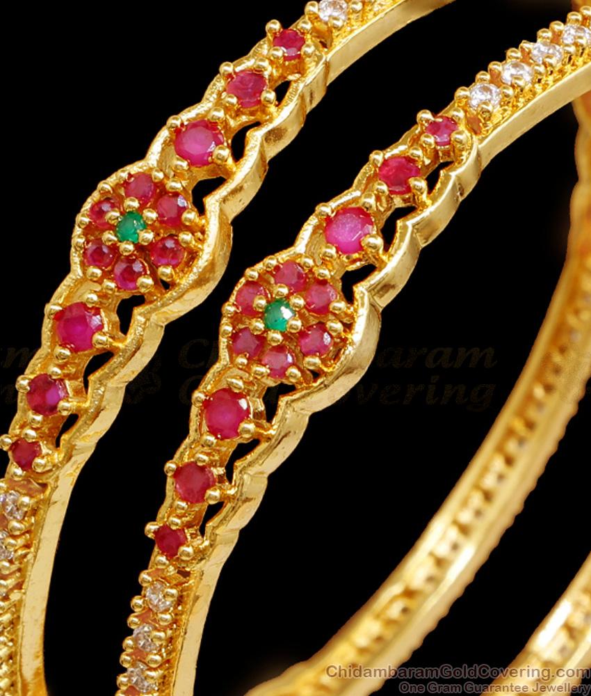 BR2427-2.4 Size Attractive Ruby Stone Floral Design Gold Plated Bangle