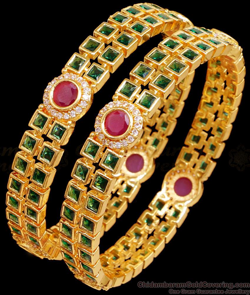 BR2431-2.6 Size Heavy Gold Tone Emerald Stone Bangles 2 Line Design