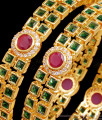 BR2431-2.6 Size Heavy Gold Tone Emerald Stone Bangles 2 Line Design