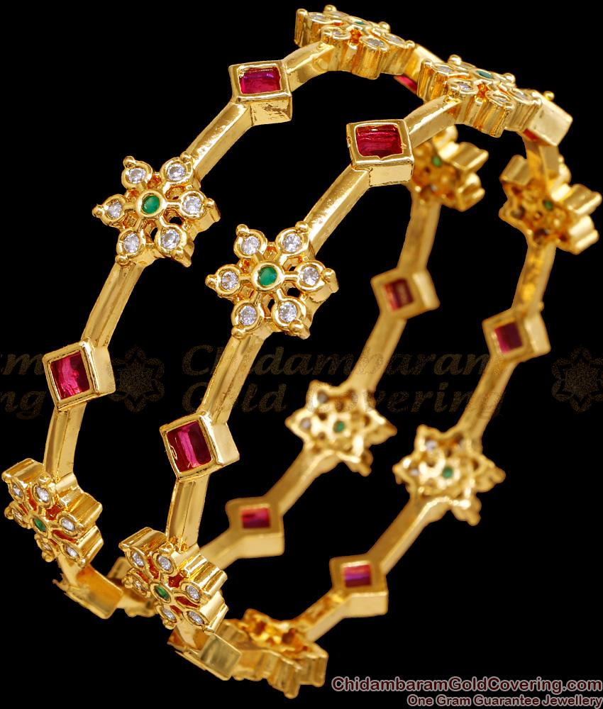 BR2450-2.4 Size Beautiful Flower Design Stone Bangles With Gold Finish