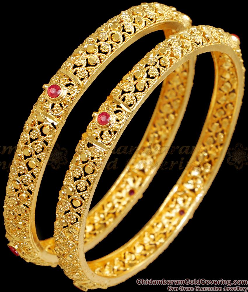 BR2455-2.8 Size Real Gold Look Ruby Stone Bangle Floral Design