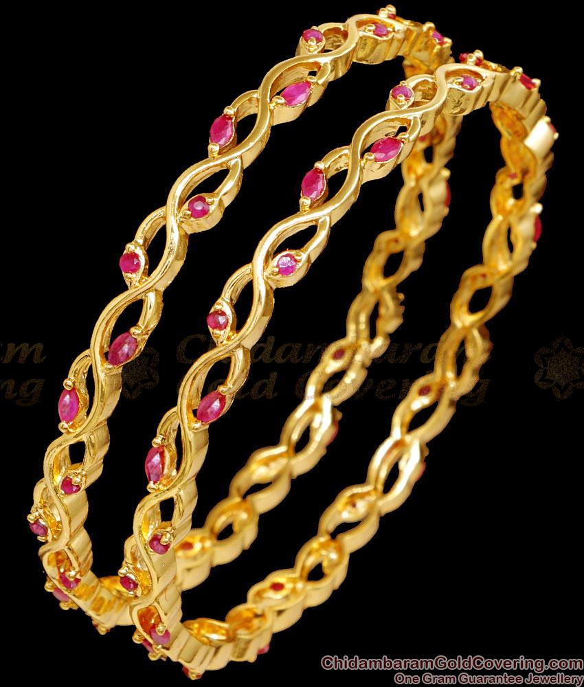 BR2517-2.10 Size Set Of 2 Ruby Stone Gold Plated Bangles For Women