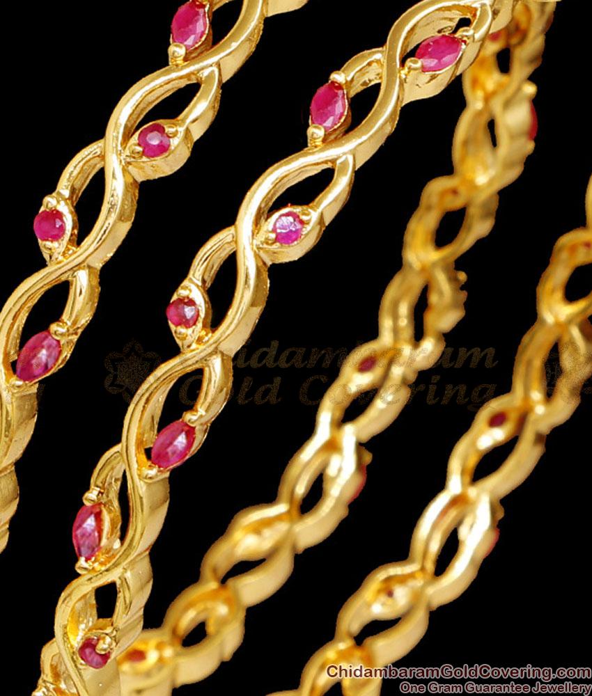 BR2517-2.10 Size Set Of 2 Ruby Stone Gold Plated Bangles For Women