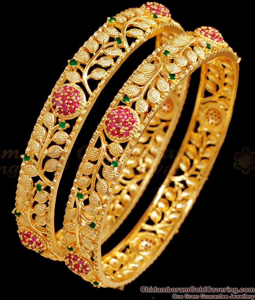 BR2533-2.6 Set Of Two Beautiful Flower Design Gold Plated Bangle For Wedding