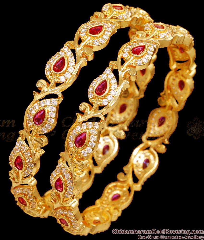 BR2534-2.8 Set Of Two Real Gold Look Ruby White Stone Bangle Leaf Design