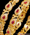 BR2534-2.8 Set Of Two Real Gold Look Ruby White Stone Bangle Leaf Design