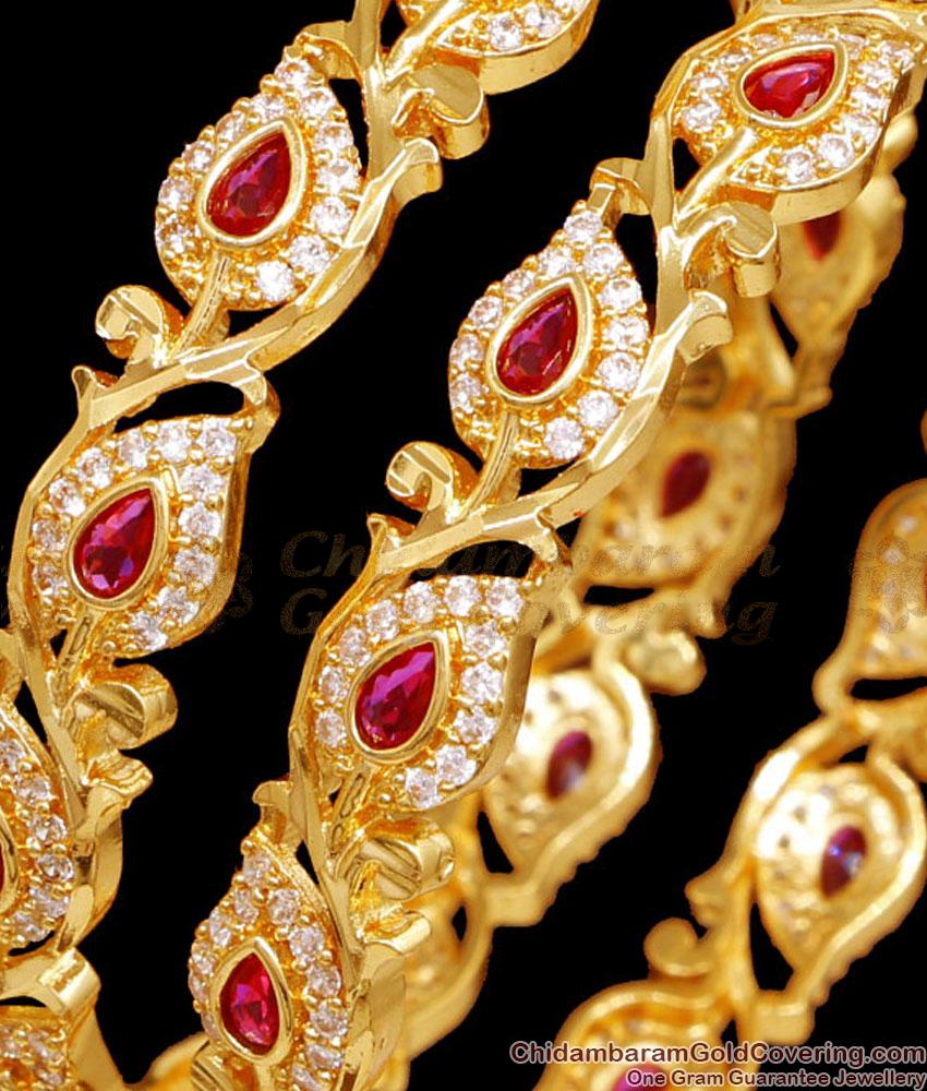 BR2534-2.8 Set Of Two Real Gold Look Ruby White Stone Bangle Leaf Design