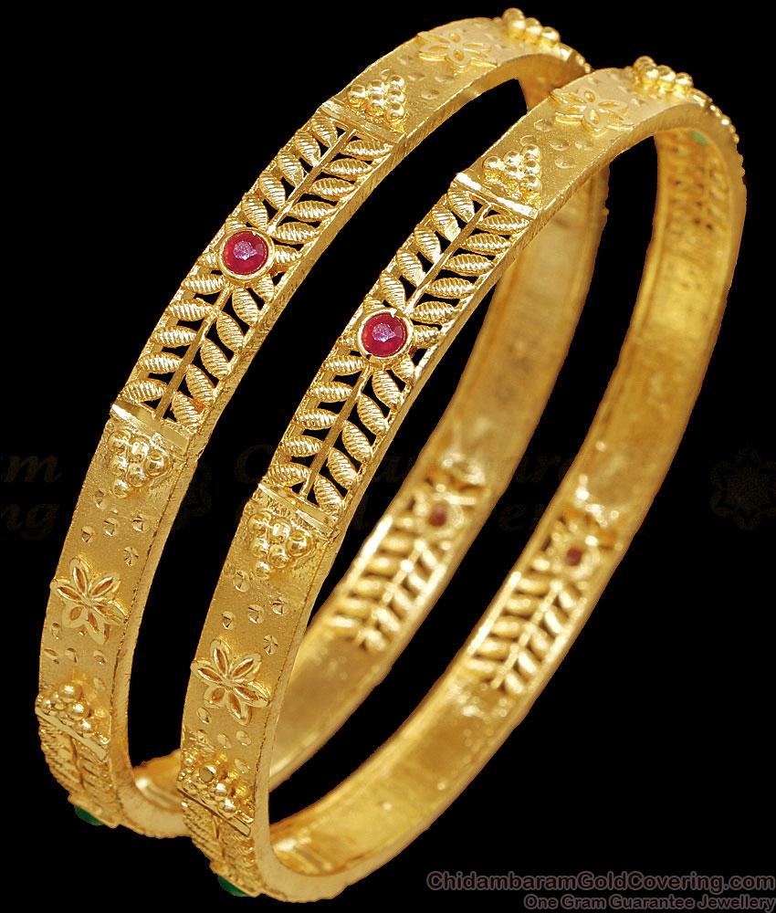 BR2541-2.4 Set Of Two Traditional Leaf Design Gold Bangle Ad Stone Collections