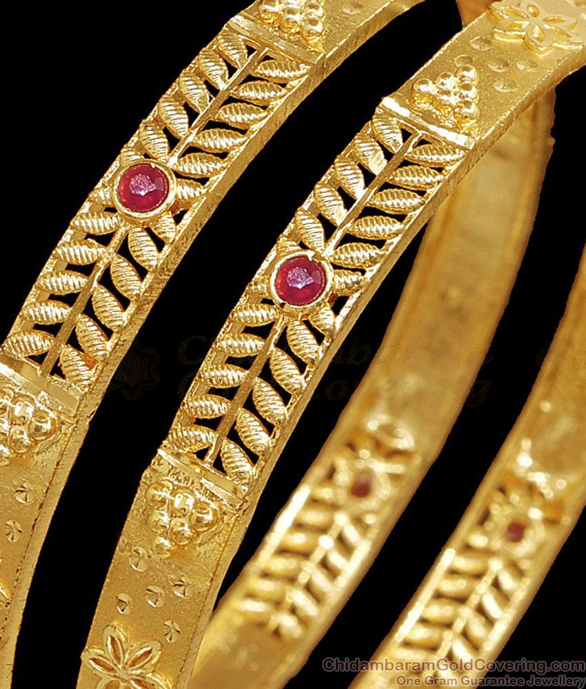 BR2541-2.8 Set Of Two Traditional Leaf Design Gold Bangle Ad Stone Collections