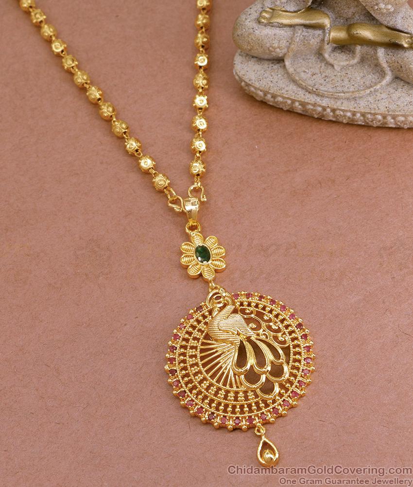 Stylish Ruby Stone Peacock Pendant Golden Beads Chain Shop Online BGDR1251