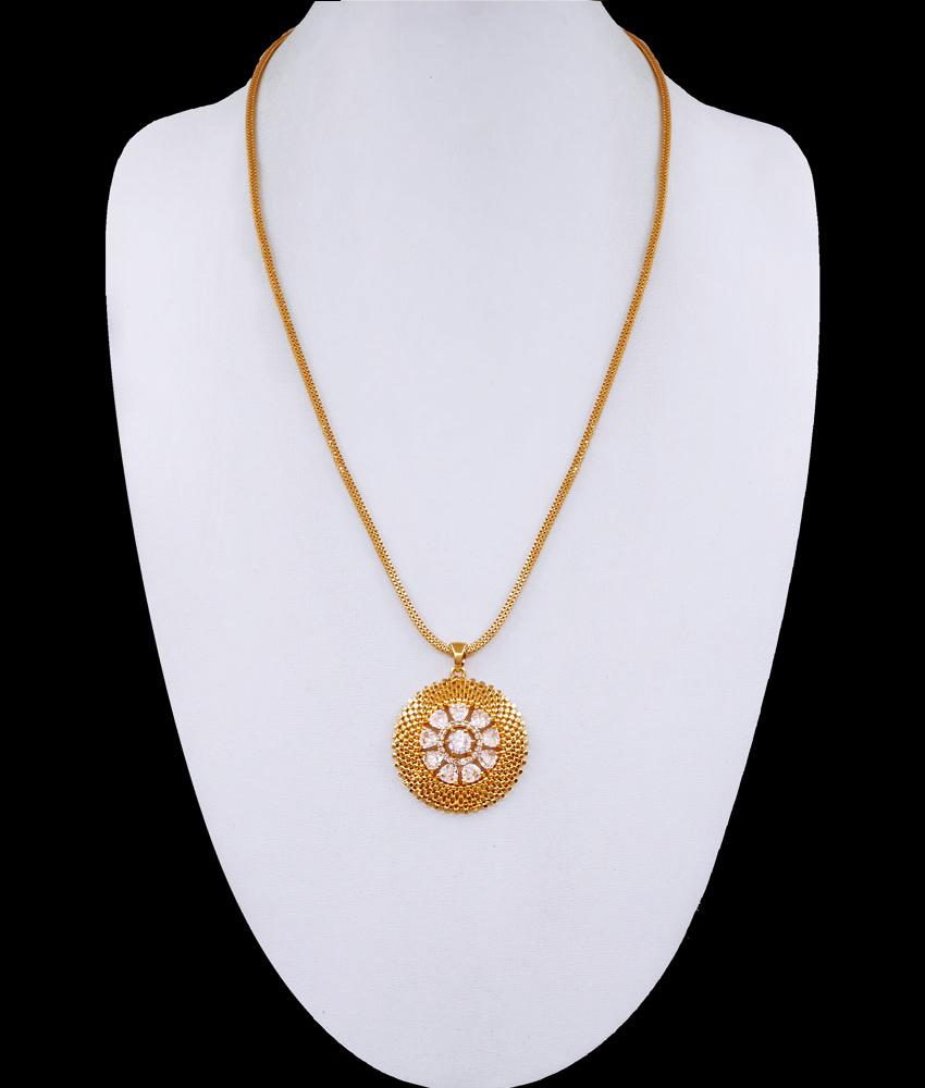 Latest One Gram Gold White Stone Round Pendant Long Chain BGDR1257