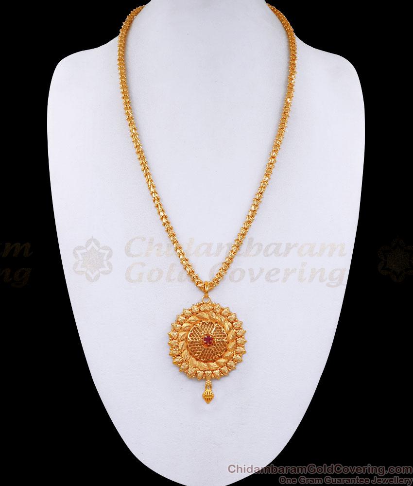 Kerala Leaf Design 1 Gram Gold Ruby Pendant With Heart Chain BGDR1347