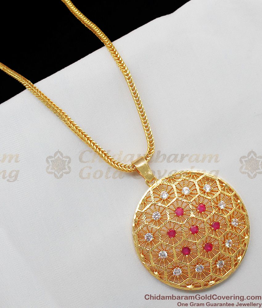 Artistic Big Circle Pink And White Multi Stone Gold Plated Dollar Chain For Ladies BGDR322