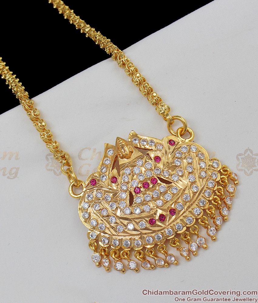 Five Metal AD Ruby Stone Gold Lakshmi Dollar Traditional Chain For Ladies Online BGDR364