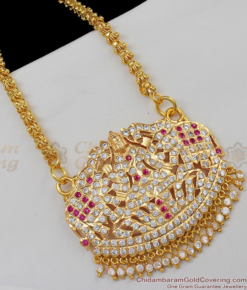 Big Size Gajalakshmi Design Traditional Impon Pink And White Stones Dollar Gold Chain BGDR370